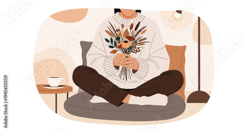Cozy Autumn Scene: Person Holding Bouquet with Coffee, Flat Illustration Style