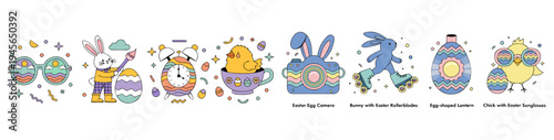 A colorful Easter-themed vector graphic illustration featuring cartoon bunnies, eggs, and chicks in a festive and playful design.