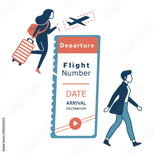 A graphic of travelers and a large airplane ticket