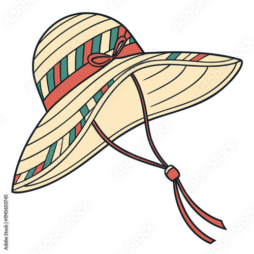 A straw hat with a colorful stripe and chin strap