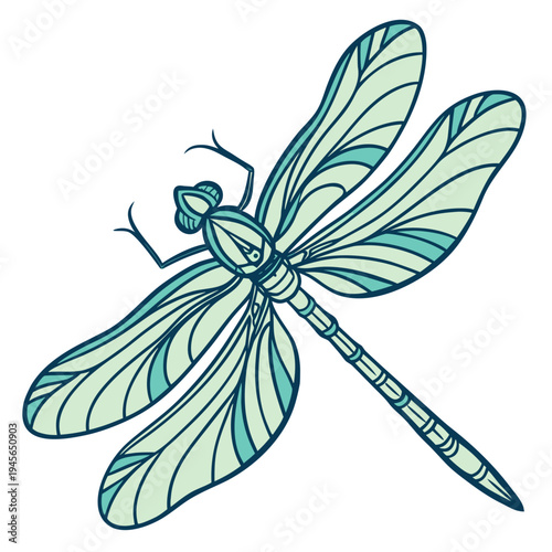 A teal dragonfly with detailed wings and body