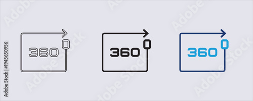 360 degree rotation icon, commonly used to represent panoramic views, virtual reality tours, or camera capabilities. square frame. mobile application design, website interfaces, and VR technology icon