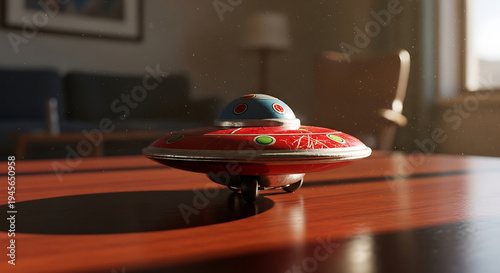 a classic red and blue vintage toy ufo sits on a sunlit wooden table casting a shadow evoking a nostalgic childhood memory.