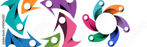 A colorful vector graphic illustration of people joining hands in a circular formation symbolizing unity and teamwork