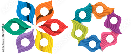 A colorful vector graphic illustration of two circular designs with wavy petals in various bright hues