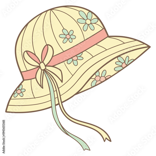 A yellow sun hat with a pink ribbon and blue flowers