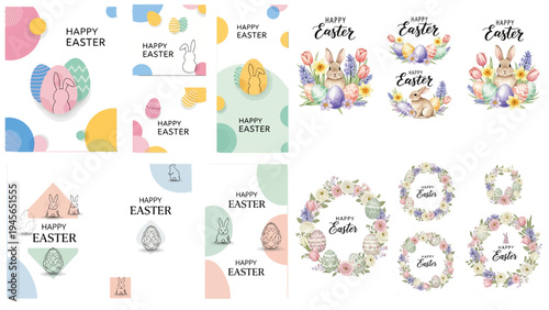 Religious Easter celebration greeting template with cute bunny characters and decorative eggs, colorful vector cards reflecting spring culture and festive joy.
