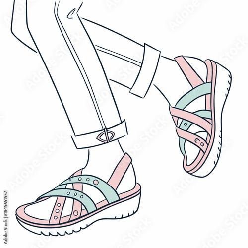 A person's legs wearing colorful strappy sandals