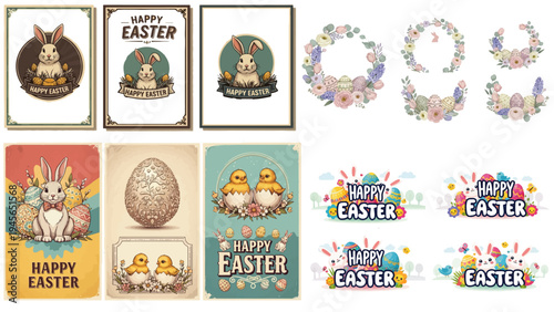 Religious Easter celebration greeting template with cute bunny characters and decorative eggs, colorful vector cards reflecting spring culture and festive joy.