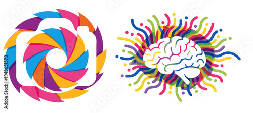 A colorful vector graphic illustration of a camera lens and a brain with creative design elements