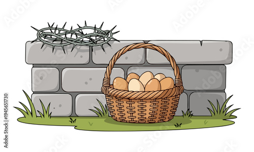 Easter Basket with Eggs and Crown of Thorns by Wall