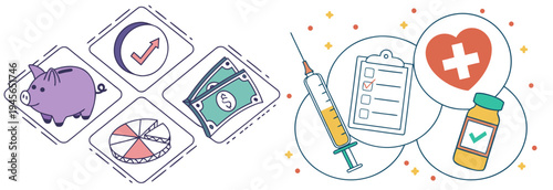 A vector graphic illustration of healthcare and finance icons on a white background