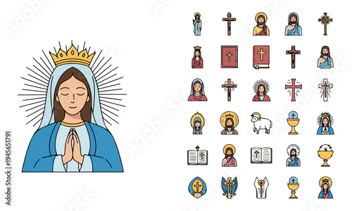 Christian Religious Icons Set with Virgin Mary and Jesus Symbols