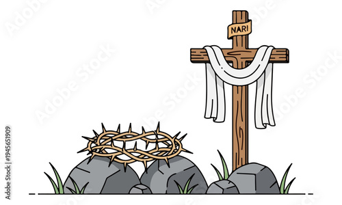 Tableau sur toile Christian Cross with White Shroud and Crown of Thorns Illustration