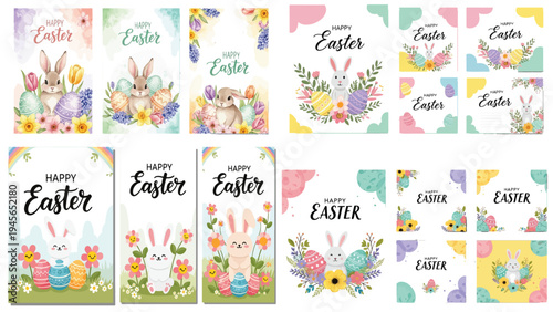Religious Easter celebration greeting template with cute bunny characters and decorative eggs, colorful vector cards reflecting spring culture and festive joy.