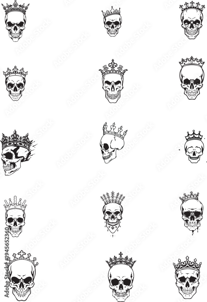 Fototapeta premium Black skull icon set, cartoon skeleton symbols, halloween skull silhouettes, spooky vector illustrations, scary graphic design pack