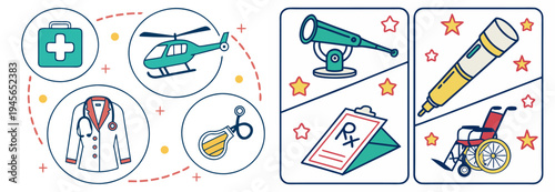 A colorful vector graphic illustration of various medical and healthcare icons and symbols.