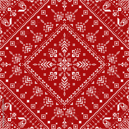 Red and white pixel textile pattern featuring a large central diamond medallion with cross and arrow motifs. Symmetrical geometric layout with corner framing elements for seamless surface design.