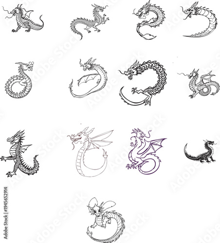  stylized dragon silhouettes vector pack medieval fantasy beasts in diverse poses ideal for logo mascot stencil