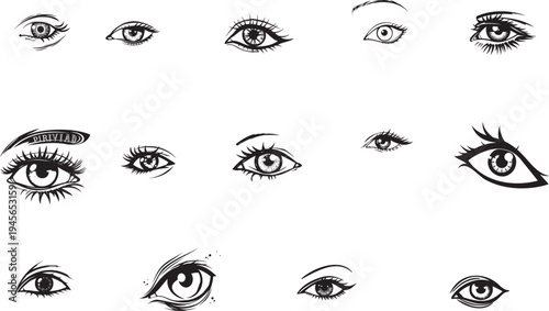 A pack of eyes cut out as if from a magazine. An isolated look. Vector halftone elements for collage with different emotions