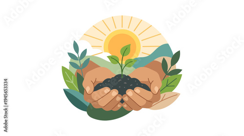 Hands Holding Growing Plant Seedling Nature Conservation Arbor Day Concept