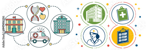 A colorful vector graphic illustration of various medical and healthcare related icons and symbols.