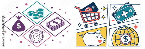 A colorful vector graphic illustration of various financial icons and symbols, including money, shopping, and savings.