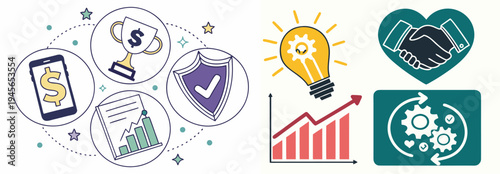 A vector graphic illustration of various business and finance icons, including a lightbulb, handshake, and graph, on a white background.