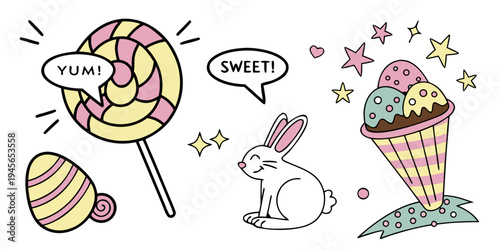 A colorful vector illustration of a bunny surrounded by sweet treats like lollipops and ice cream