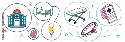 A vector graphic illustration of various medical icons and symbols connected in a circular flowchart