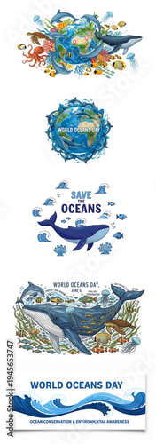 A collection of logos and graphics for world oceans day, featuring ocean creatures and themes.