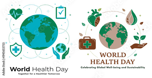 A vector graphic illustration celebrating World Health Day with a globe, medical symbols, and eco-friendly elements.