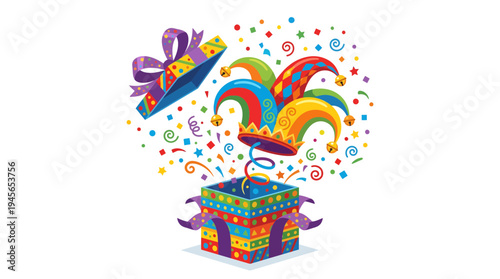 April Fools Day Surprise Box With Colorful Jester Hat and Confetti Illustration