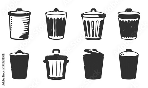 Collection of eight stylized trash can icons with lids
