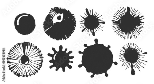 Collection of Black Ink Splatter and Blob Shapes on White Background