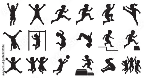 Silhouettes set of kids jumping
