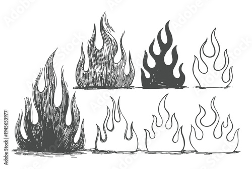 Collection of Hand-Drawn Flame Illustrations in Various Styles and Shades