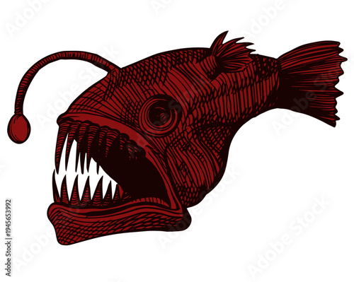 Vintage Red Anglerfish Deep Sea Monster Illustration