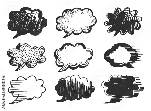 Collection of Nine Hand-Drawn Speech and Thought Bubbles in Various Styles