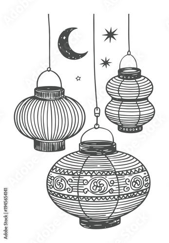 Hand-drawn illustration of hanging lanterns, moon, and stars