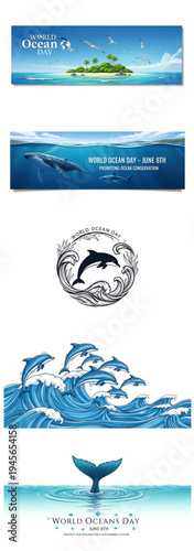 A collection of ocean-themed graphics and illustrations on a white background.