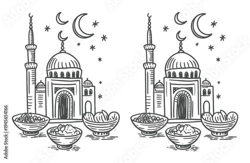 Hand-drawn Islamic mosque with crescent moons, stars, and bowls of dates