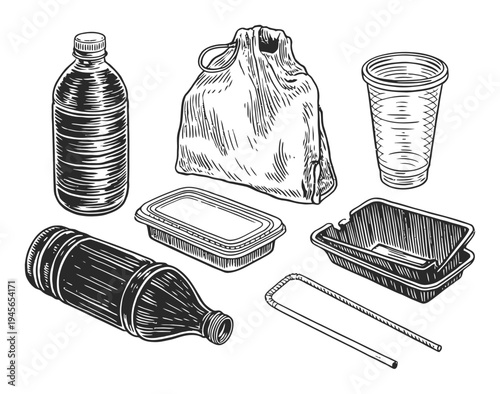 Hand-Drawn Collection of Common Plastic Waste Items