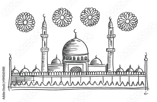 Hand-drawn sketch of a mosque with floral motifs and minarets