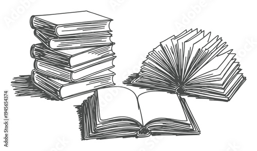 Stacked and Open Books Illustration - Sketchy Style