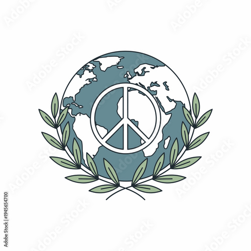 Symbol of peace and global unity with laurel wreath around the Earth and peace sign inside