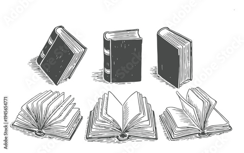 Vintage Engraved Illustrations of Books: Closed and Open, Various Angles