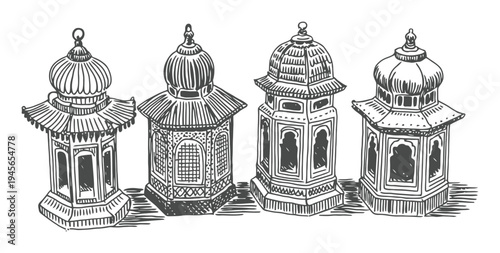 Vintage Engraving of Four Ornate Lanterns in a Row