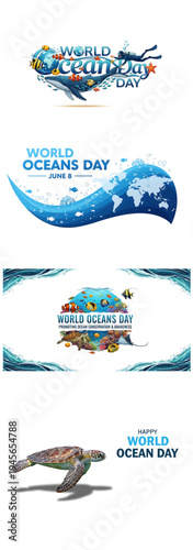 Collection of logos for world ocean day events and celebrations