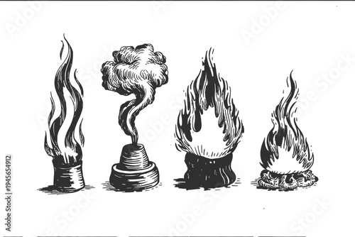 Vintage Illustration of Four Different Flames and Smoke Patterns